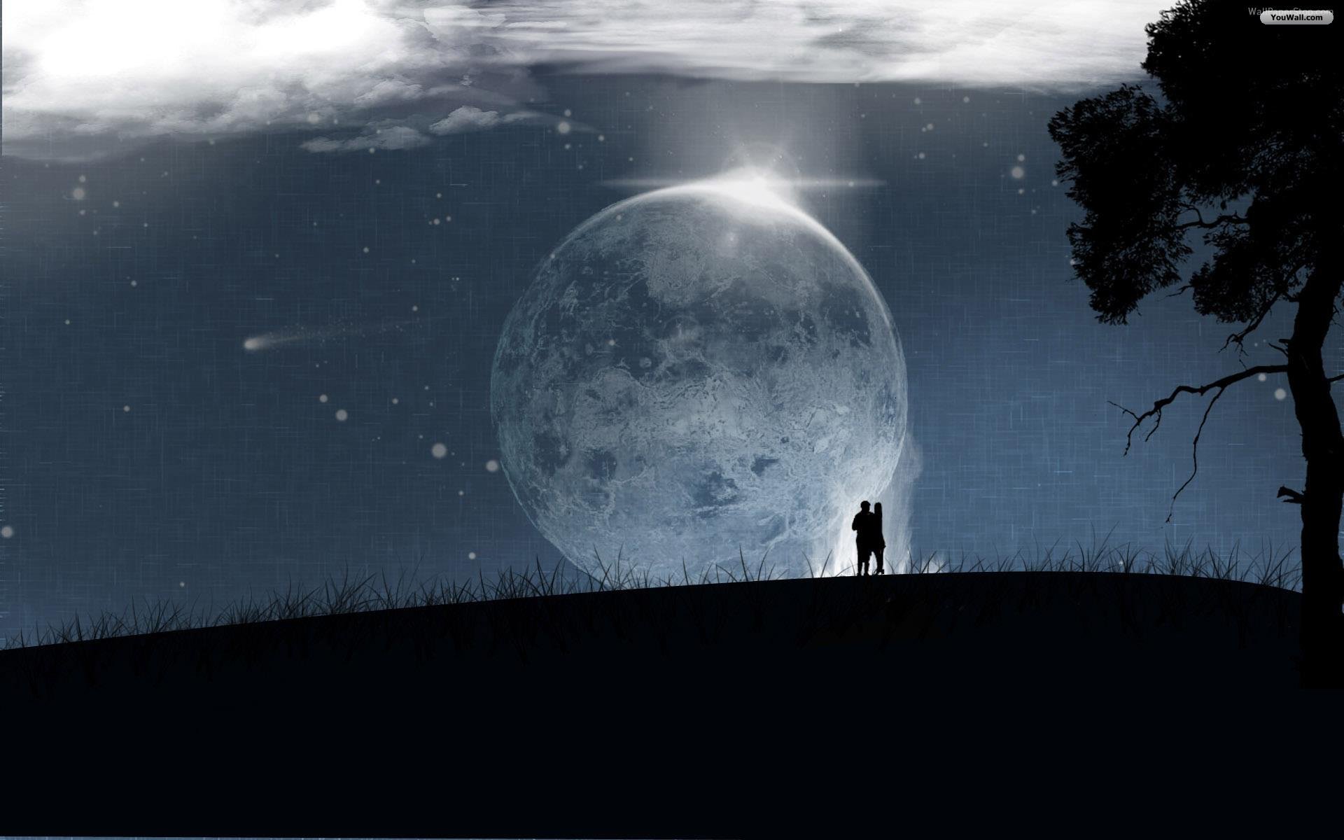 love moon wallpaper, влюбленные под луной, ночь, скачать фото.